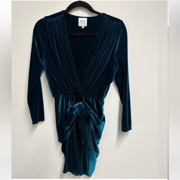 MISA Ophelie Velvet Wrap Tie Mini Dress in Teal Sz XS - Picture 3 of 5